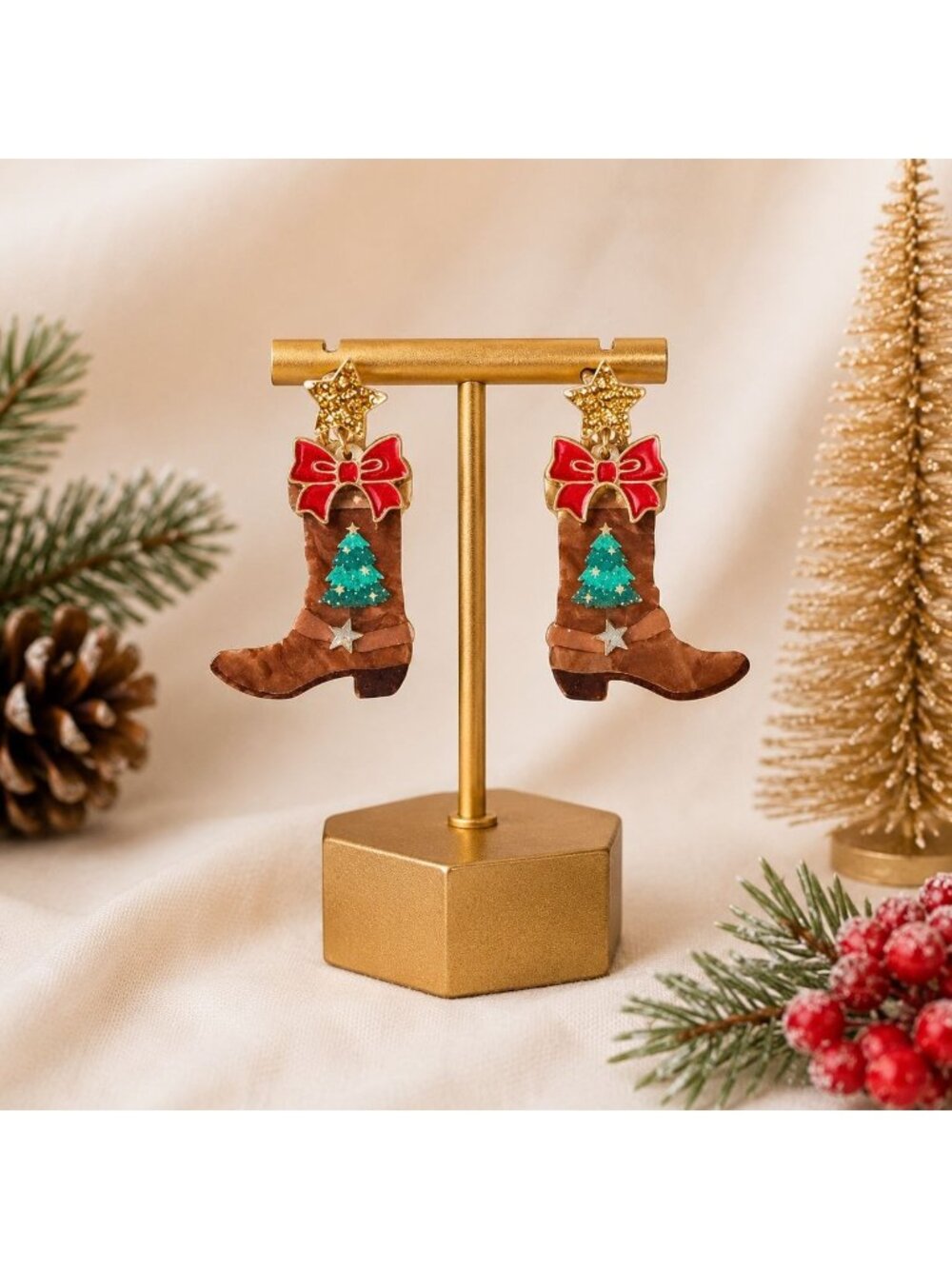 Christmas Cowboy Boot Dangle Earrings Cowgirl Western Bow Tree Holiday Jewelry